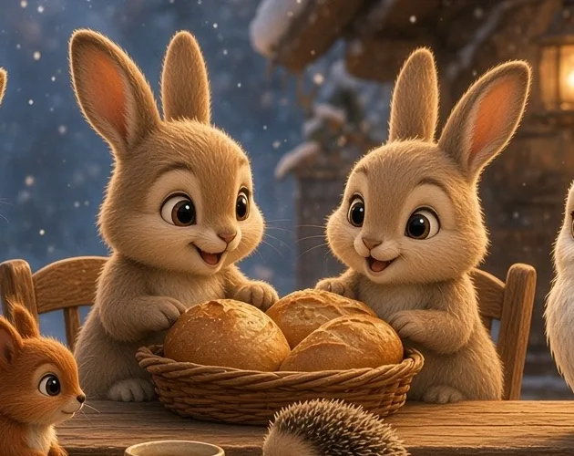 Zwei Hasenkinder am Tisch mit einem Korb Brot