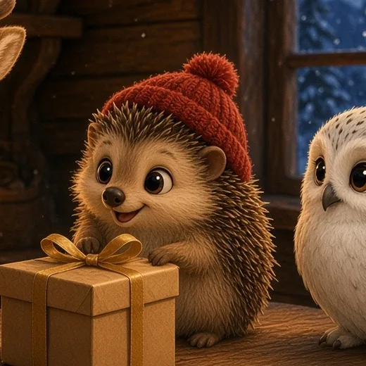 Der kleine Igel mit der roten Mütze lächelt am Kamin