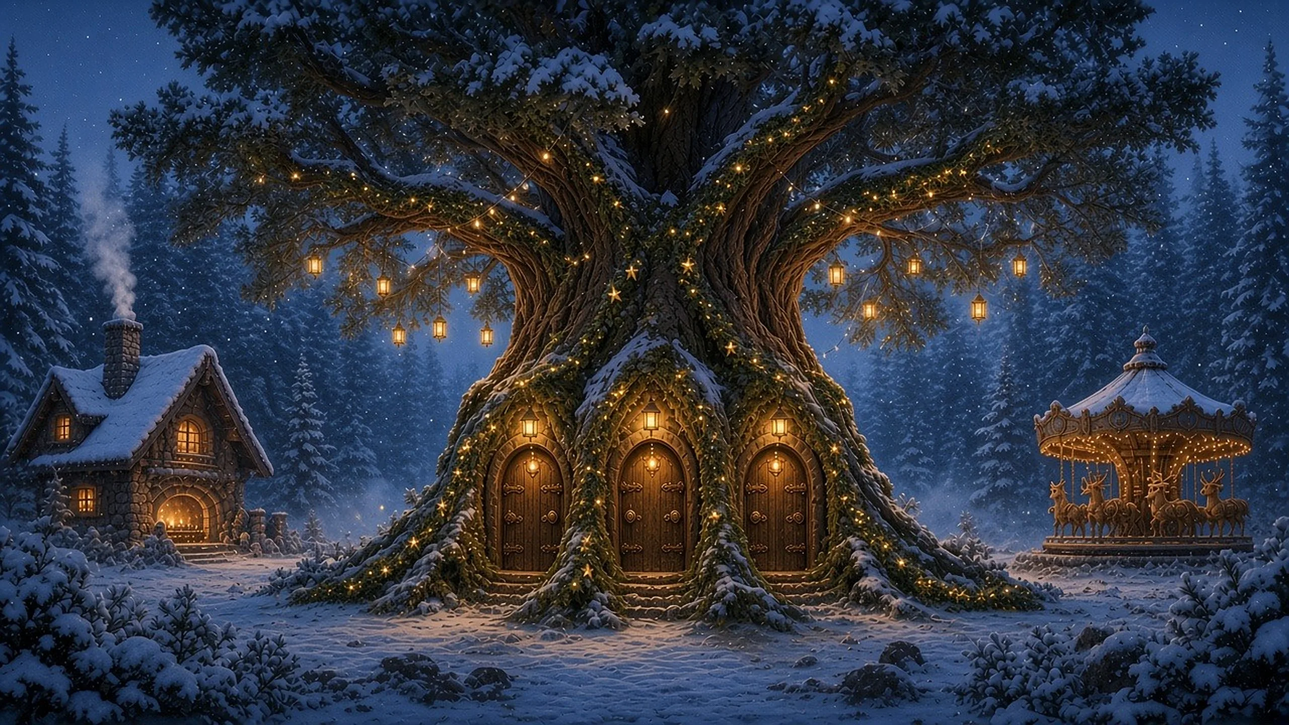 Der Tannenbaum von der anderen Seite: Tannengirlanden mit goldenen Sternchen am Stamm, drei Holztüren und mehr leuchtende Laternen in den Ästen.