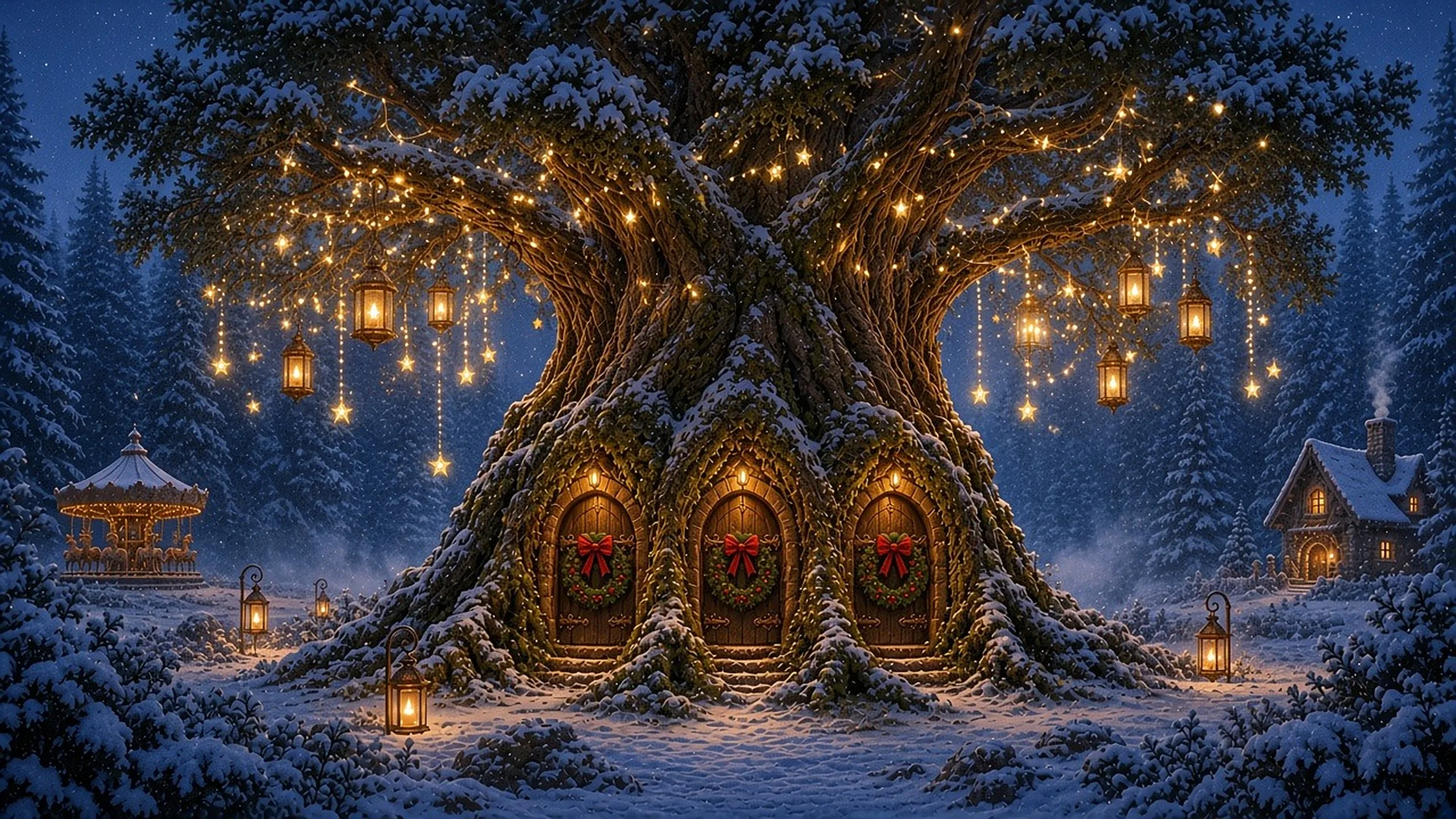 Der uralte Tannenbaum mit vielen leuchtenden Laternen und Lichterketten in der Krone; an den drei Holztüren hängen Kränze mit roten Schleifen.