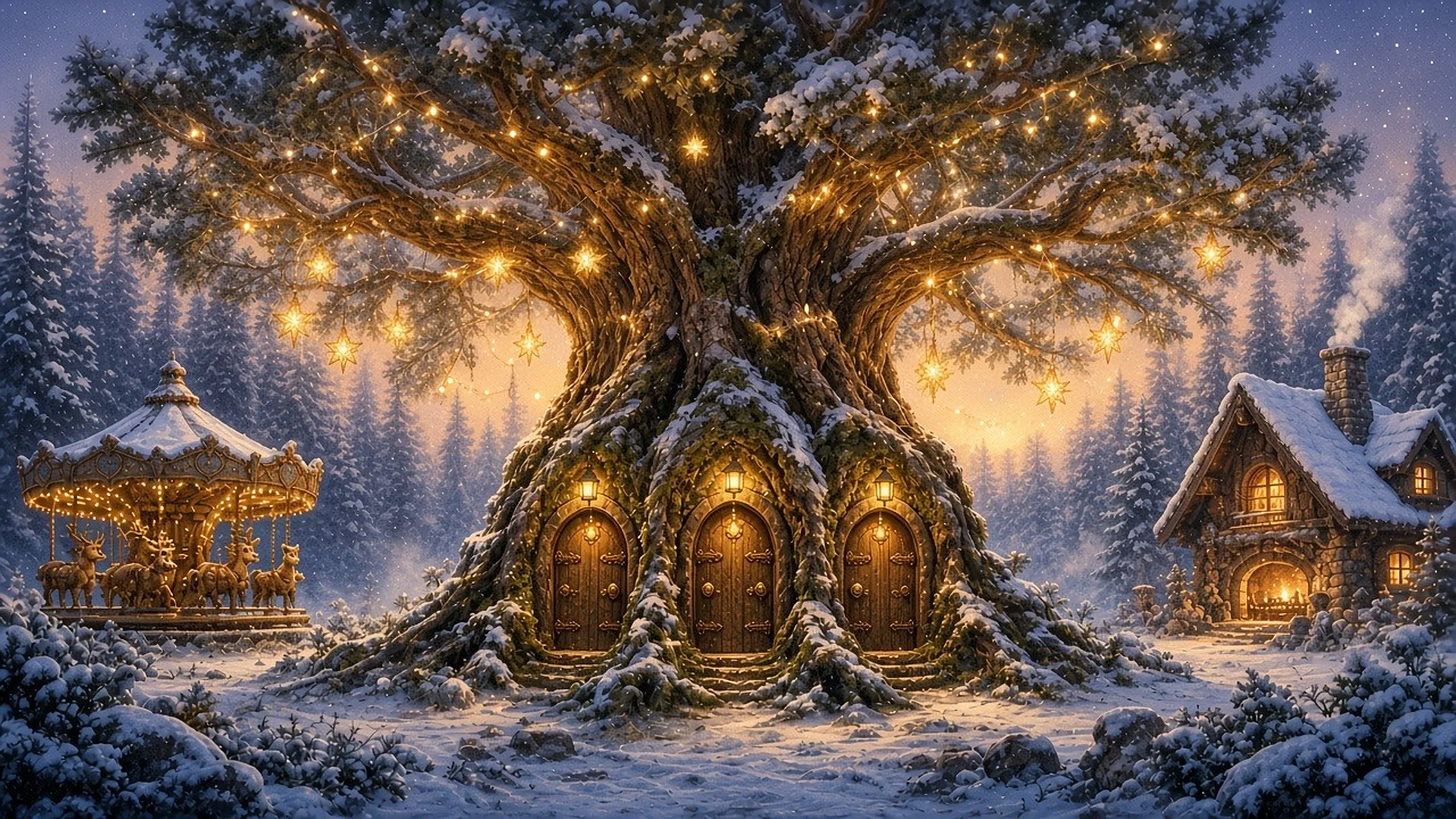 Der Tannenbaum mit leuchtenden Sternlaternen und Lichtergirlanden in der Krone, am Horizont ein warmer goldener Schimmer; drei Holztüren im Stamm.
