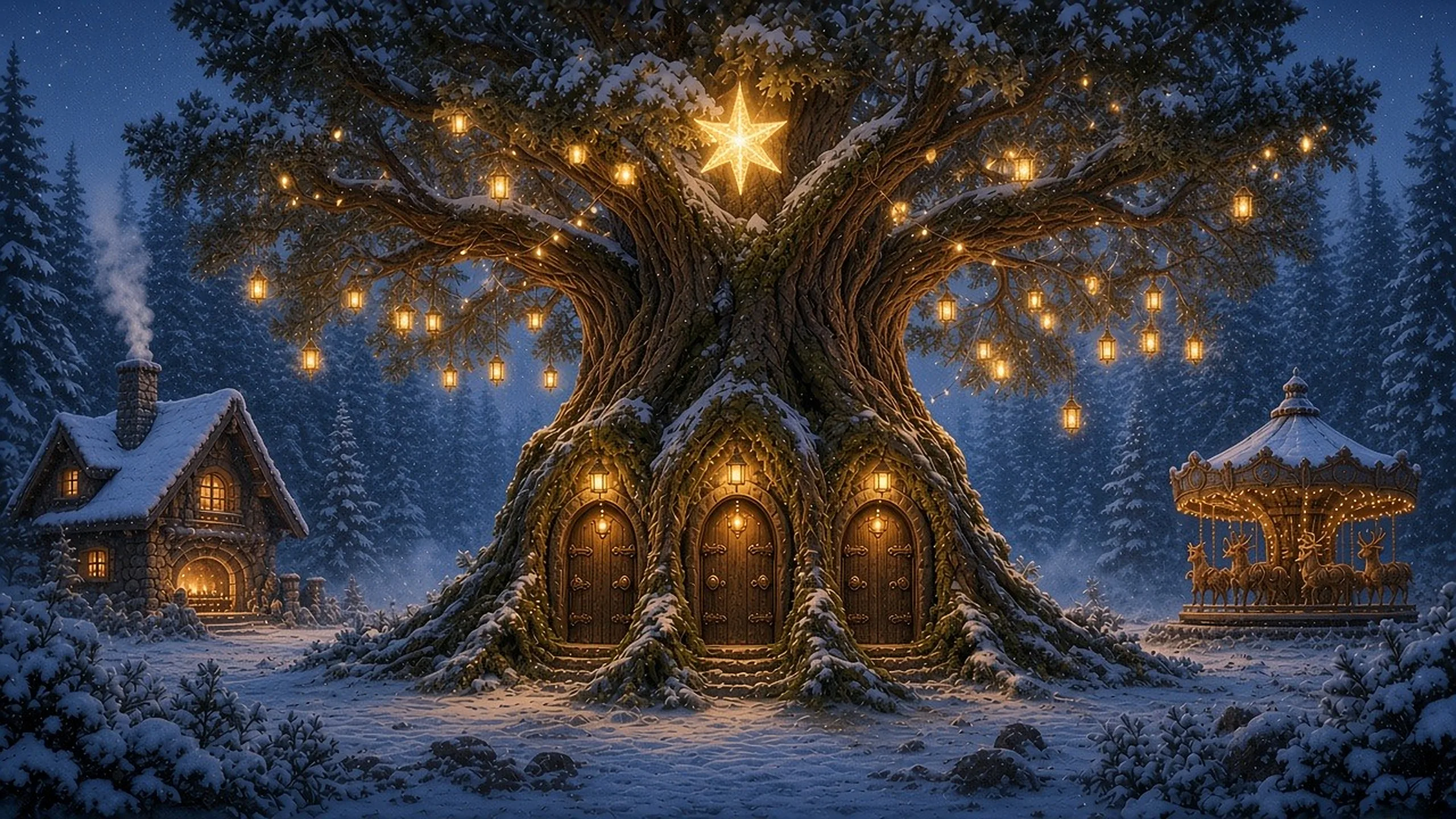 Der Tannenbaum in der festlichsten Nacht: ein großer goldener Stern in der Krone, unzählige Laternen und Lichterketten, drei Holztüren im Stamm.